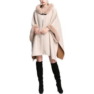 Women's Luxury Batwing Sleeve Faux Fur Hooded Cloak Poncho Sweater Cape